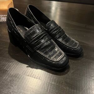Ann Taylor Black Croc-Embossed Block Heel Loafers